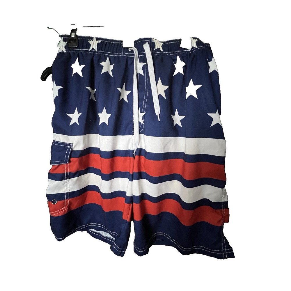 Men's American Flag Swim Trunks Patriotic Board Shorts USA Stars Stripes Sz 36